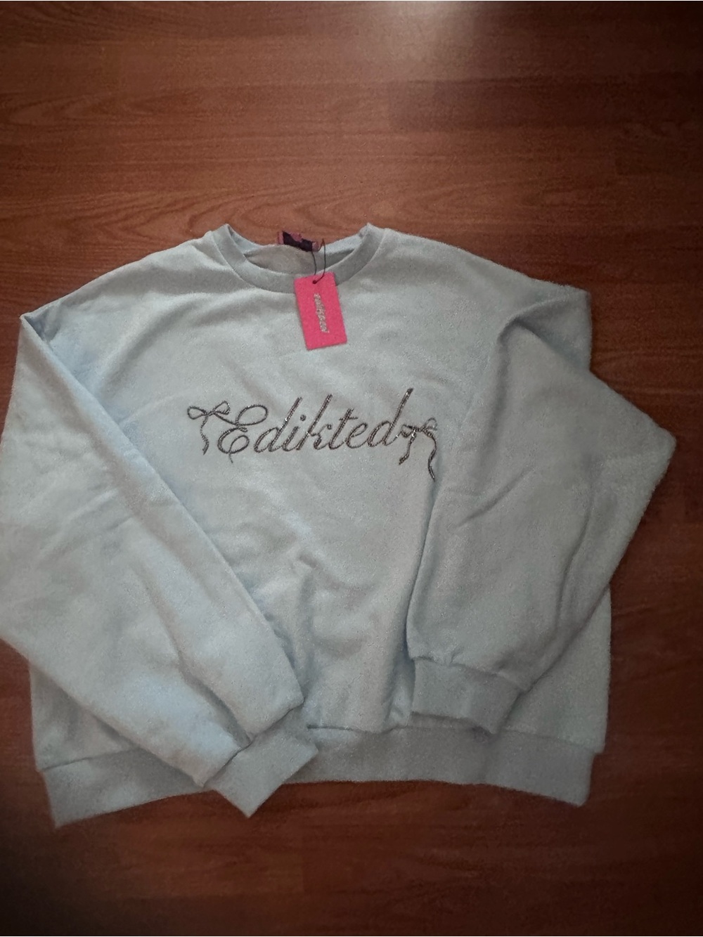 Edikted Pale Blue Crewneck Sweatshirt with Script Embroidery